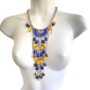 Blue Yellow Glass Beads Silvertone Bib Statement Necklace Chains Dangles